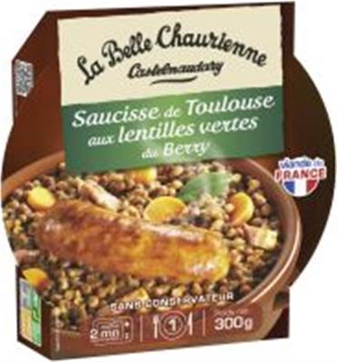 Plat cuisiné saucisse de Toulouse aux lentilles vertes du Berry