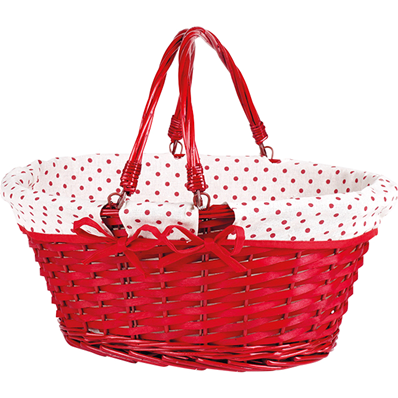 Panier osier et bois ovale rouge tissu blanc pois rouges 2 anses rabattables